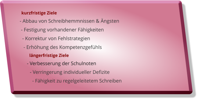 kurzfristige Ziele    - Abbau von Schreibhemmnissen & ngsten     - Festigung vorhandener Fhigkeiten       - Korrektur von Fehlstrategien       - Erhhung des Kompetenzgefhls               lngerfristige Ziele            - Verbesserung der Schulnoten            - Verringerung individueller Defizite              - Fhigkeit zu regelgeleitetem Schreiben