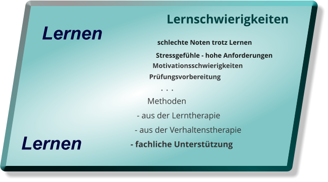 Lernschwierigkeiten                schlechte Noten trotz Lernen                          Stressgefhle - hohe Anforderungen                        Motivationsschwierigkeiten                      Prfungsvorbereitung                             .  .  .                 Methoden             - aus der Lerntherapie           - aus der Verhaltenstherapie         - fachliche Untersttzung  Lernen  Lernen