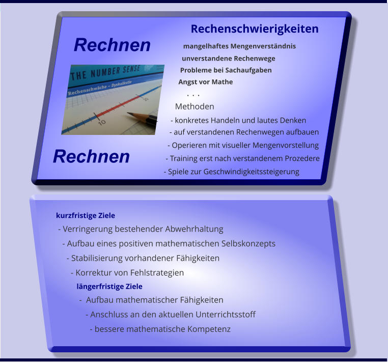 kurzfristige Ziele  - Verringerung bestehender Abwehrhaltung    - Aufbau eines positiven mathematischen Selbskonzepts      - Stabilisierung vorhandener Fhigkeiten        - Korrektur von Fehlstrategien              lngerfristige Ziele            -  Aufbau mathematischer Fhigkeiten               - Anschluss an den aktuellen Unterrichtsstoff                  - bessere mathematische Kompetenz                          Rechenschwierigkeiten                mangelhaftes Mengenverstndnis                unverstandene Rechenwege               Probleme bei Sachaufgaben               Angst vor Mathe                   .  .  .            Methoden -        - konkretes Handeln und lautes Denken        - auf verstandenen Rechenwegen aufbauen        - Operieren mit visueller Mengenvorstellung      - Training erst nach verstandenem Prozedere      - Spiele zur Geschwindigkeitssteigerung  Rechnen  Rechnen