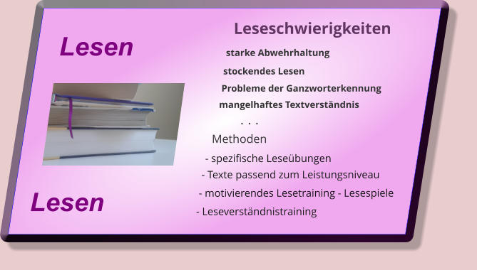 Leseschwierigkeiten                 starke Abwehrhaltung               stockendes Lesen                Probleme der Ganzworterkennung               mangelhaftes Textverstndnis                        .  .  .            Methoden          - spezifische Lesebungen       - Texte passend zum Leistungsniveau      - motivierendes Lesetraining - Lesespiele     - Leseverstndnistraining  Lesen  Lesen