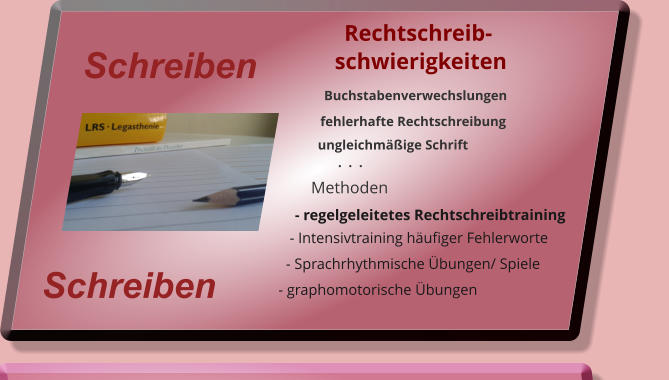 Rechtschreib-             schwierigkeiten                Buchstabenverwechslungen               fehlerhafte Rechtschreibung                ungleichmige Schrift                      .  .  .              Methoden          - regelgeleitetes Rechtschreibtraining       - Intensivtraining hufiger Fehlerworte      - Sprachrhythmische bungen/ Spiele    - graphomotorische bungen   Schreiben  Schreiben