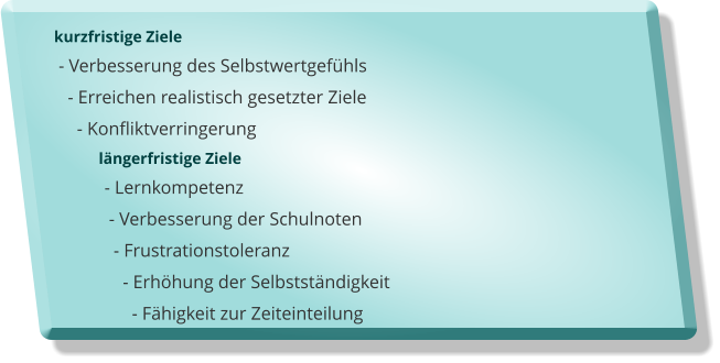 kurzfristige Ziele  - Verbesserung des Selbstwertgefhls    - Erreichen realistisch gesetzter Ziele      - Konfliktverringerung             lngerfristige Ziele            - Lernkompetenz             - Verbesserung der Schulnoten              - Frustrationstoleranz                - Erhhung der Selbststndigkeit                  - Fhigkeit zur Zeiteinteilung